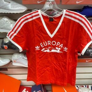 Adidas Red 'Europa' V-Neck Tee with White Stripes Throw Back Original 1990